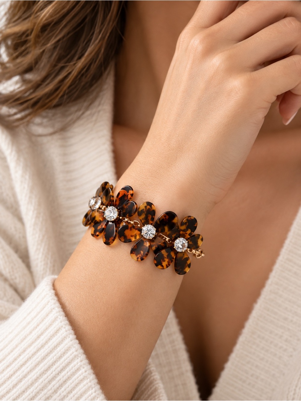 J.crew Brown tortoise shell flower crystal rhinestone gem bracelet